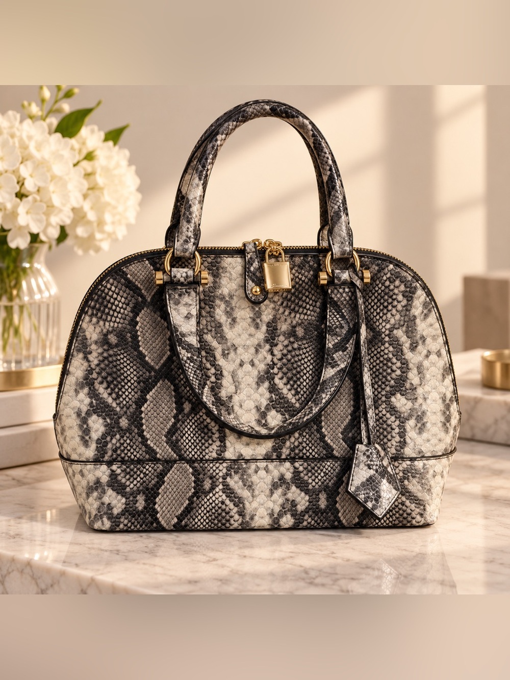 JustFab Snake-Print Dome Satchel - Black & Cream